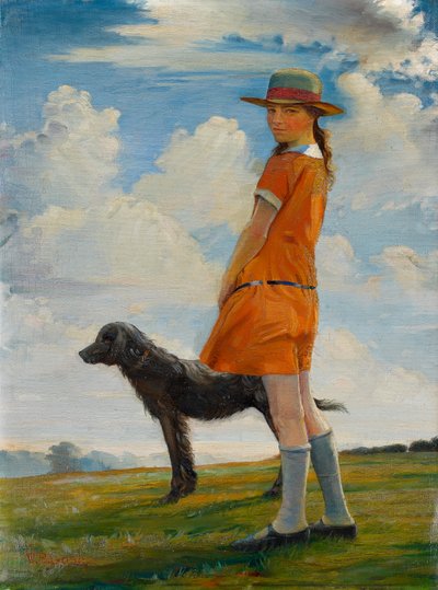牧師の犬を歩く芸術家の娘（キャンバスに油彩） 作： Walter Bonner Gash