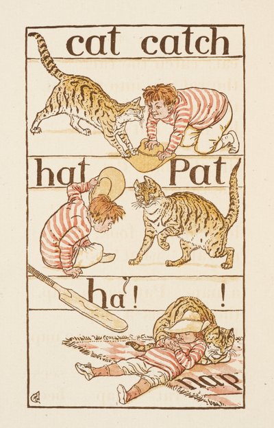 猫と遊ぶ男の子。 「The Golden Primer」のイラスト。 作： Walter Crane