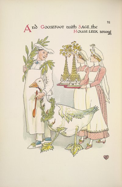 ガチョウを抱えたシェフ。 トレイを運ぶ 2 人の女性 作： Walter Crane