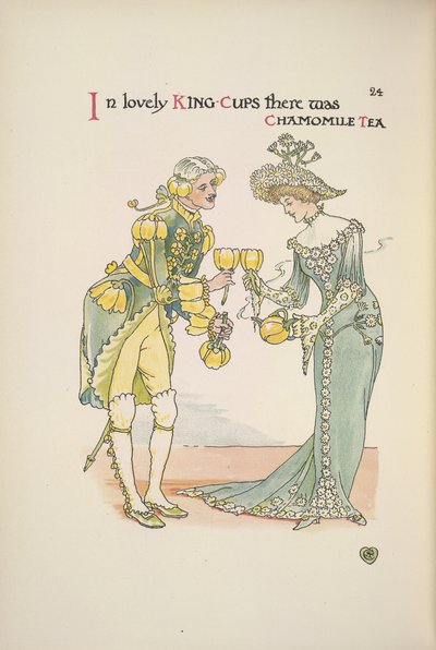 カモミール ティーのカップを保持している男性と女性 作： Walter Crane