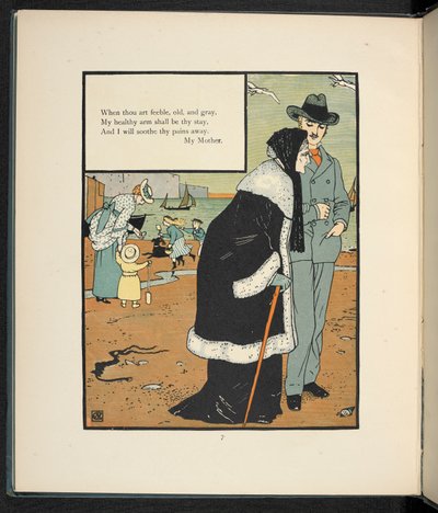 ビーチで母親と一緒にいる男性。 作： Walter Crane