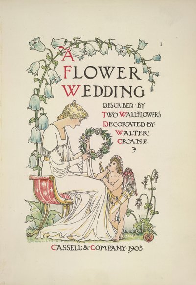 花輪を持って座っている女性。 彼女を見上げる天使 作： Walter Crane