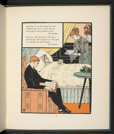 ベッドにいる母親に座って、スープを与えられている若い男性。 作： Walter Crane