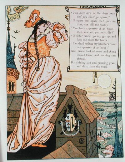 シャルル・ペロー（1628-1703）の「青ひげ」の挿絵「塔から見るアン」（彩色画） 作： Walter Crane