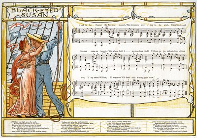 「Black-Eyed Susan」、「Pan-Pipes」の歌のイラスト、A The Book of Old Songs、新しくアレンジ、テオの伴奏付き。 Marzials、ロンドンでGeorge Routledge und Sonsによって公開された、1884年 作： Walter Crane