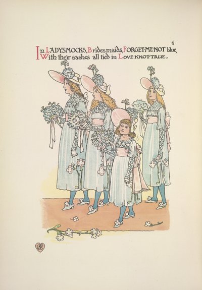 ワスレナグサではないブルーのレディスモックを着た花嫁介添人 作： Walter Crane