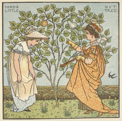 「I had a little nut tree」のカラーイラスト。 少女とスペインの女王。 作： Walter Crane