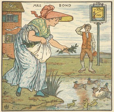 「ミセス・ボンド」のカラーイラスト。 旅館の外でアヒルに餌をやる女性。 作： Walter Crane