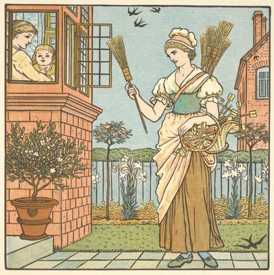 「ほうきを買う」のカラーイラスト。 箒売りの若い女性。 作： Walter Crane