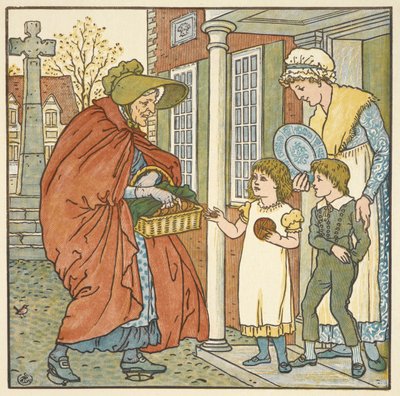 「ホットクロスバンズ」のカラーイラストです。 二人の子供にホットクロスパンをあげるおばあさん。 作： Walter Crane