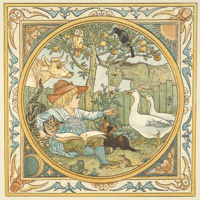 「赤ちゃん自身のイソップ」のカラー イラスト。 動物に囲まれた庭にいる子供。 作： Walter Crane