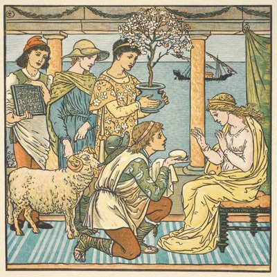 「四つのプレゼント」のカラーイラスト。 若い女性にプレゼントを渡す 4 人の兄弟。 作： Walter Crane