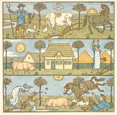 「小さな災害」のカラーイラスト。 農家、ミルクメイド、そしてさまざまな家畜。 作： Walter Crane