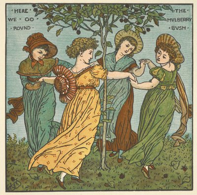 「桑の木」のカラーイラストです。 木の周りで踊る 4 人の女性。 作： Walter Crane
