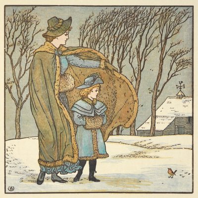 「北風とコマドリ」のカラーイラストです。 冬の風景の中に外に立つ少女と母親。 作： Walter Crane