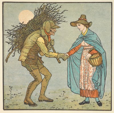 Värillinen kuvitus sanalle "vanha mies nahkassa". Nuori nainen kättelee miestä, jolla on kasa oksia olkapäällään. 作： Walter Crane