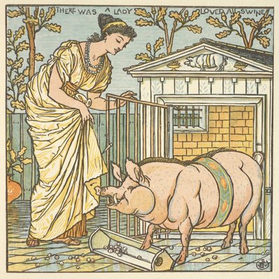 Värikuvitus sanalle "eräs nainen rakasti sikaa". Nainen ja sika. 作： Walter Crane