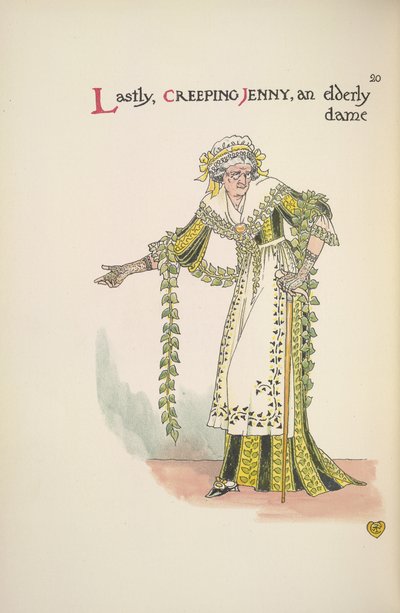 Jenny assustadora. Uma senhora idosa usando uma bengala 作： Walter Crane