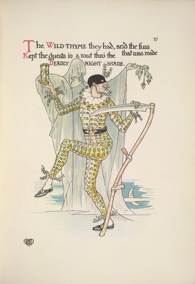 Tappava yövarjo. Mies, jolla on naamio, keltainen puku ja kädessään munaajastin ja viikate 作： Walter Crane