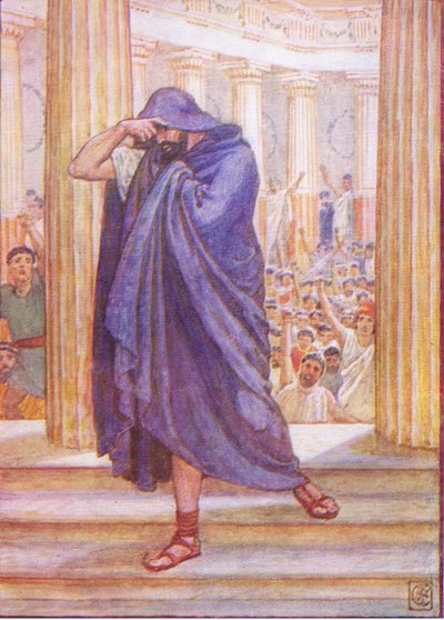 彼は議会を去り、彼のマントに顔を隠しました。 作： Walter Crane