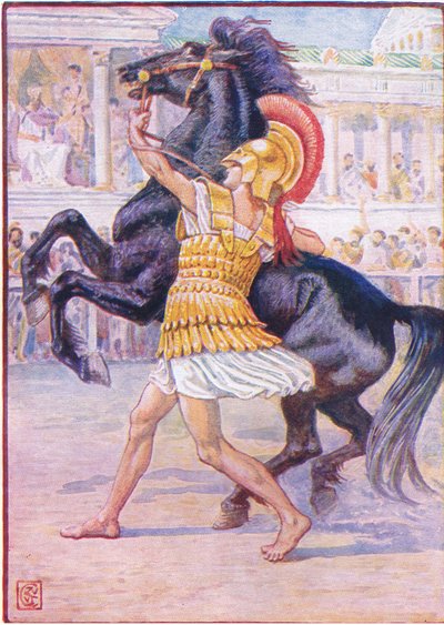 彼は馬に向かって走り、手綱をつかみました、イラスト、ギリシャの物語、1930年代から 作： Walter Crane