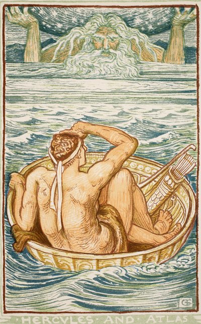 ヘラクレスとアトラス、Nathanial Hawthorneによる「女の子と男の子のための素晴らしい本」からのイラスト、1852年 作： Walter Crane
