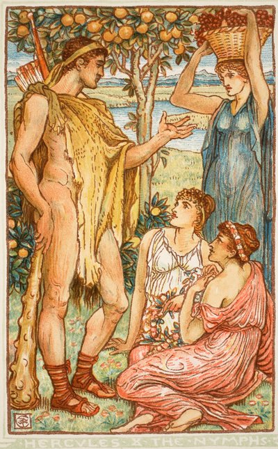 ヘラクレスとニンフ、Nathanial Hawthorneによる「少女と少年のための素晴らしい本」からのイラスト、1852年 作： Walter Crane