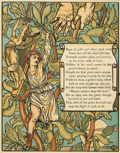 ジャックと豆の木パブから豆の木を降りるジャック。 1875年カラーリトグラフ、1875年。 作： Walter Crane