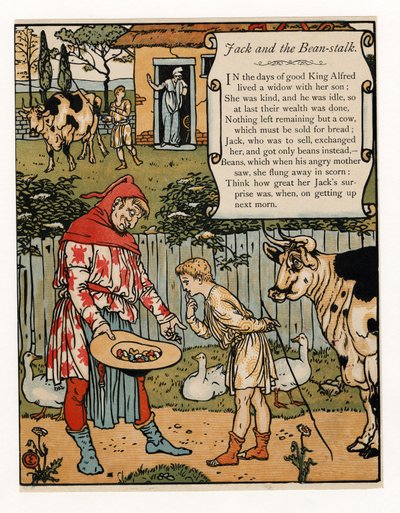 ジャックは豆のために牛を売る。1879年 カラーリトグラフ 作： Walter Crane