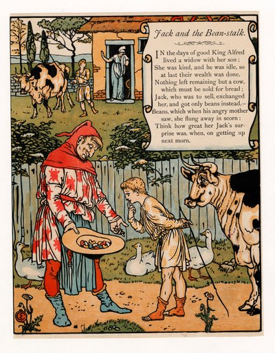 ジャックはパブの青ひげ絵本から牛を豆に売る. 1879年カラーリトグラフ、1879年。 作： Walter Crane