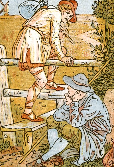 ジョグ・オン、ジョグ・オン、パン・パイプスの歌のイラスト、古本の書、新しくアレンジされ、テオの伴奏付き。 Marzials、George Routledge＆Sons、1884（de 作： Walter Crane