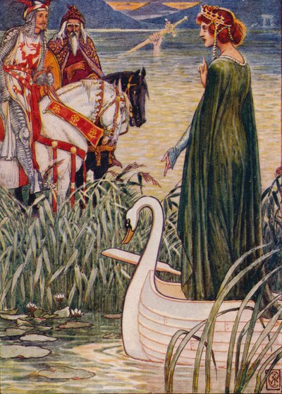 アーサー王は剣のエクスカリバー、1911年に湖の女性に尋ねます。 作： Walter Crane