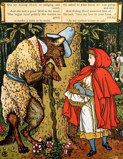 森の中でオオカミを襲う「赤ずきん」 作： Walter Crane