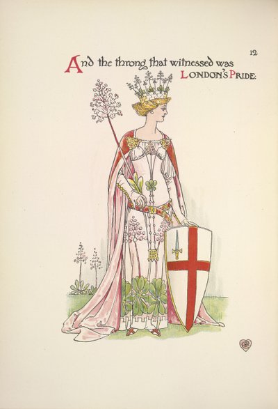 ロンドンの誇り。 聖ジョージの十字架の盾を持つ若い女性 作： Walter Crane