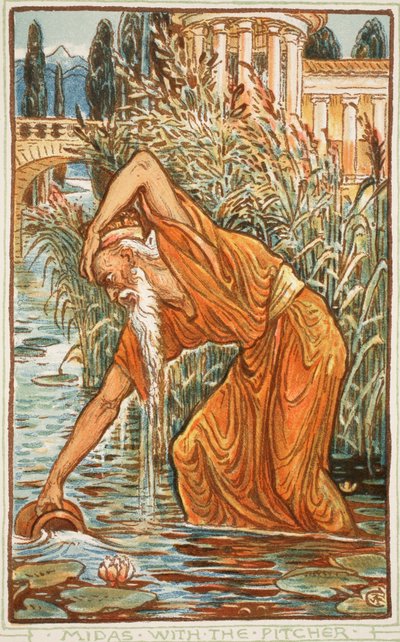 投手とミダス、イラスト、「少女と少年のための素晴らしい本」、Nathanial Hawthorne、1852年 作： Walter Crane