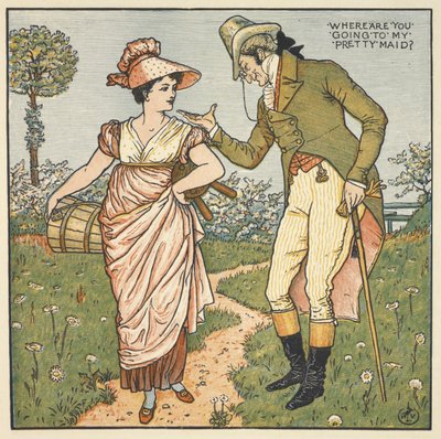 「私のかわいいメイド」。 若い女性と話している紳士。 作： Walter Crane