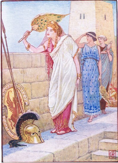 多くの場合、彼女はトロイの壁に立っていました。 作： Walter Crane