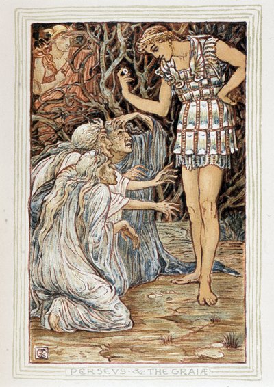パーシーとグレイア（ギリシャ・ベオティ） - 3人の老婆（魔女？）と出会う - ウォルター・クレーン（1845-1915）の「少女と少年のための不思議な本」に登場する。 作： Walter Crane