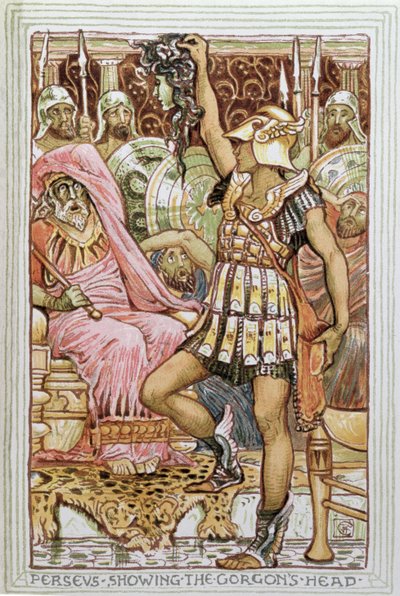 ゴルゴンの頭を示すペルセウス、「ギリシャ神話の伝説」のイラスト、1910年にロンドンで出版 作： Walter Crane