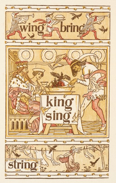 文字 G で終わる韻を踏む言葉。パイの中のクロウタドリ。 洗濯ライン。 ゴールデンプライマー。 作： Walter Crane