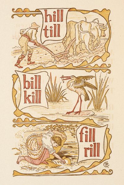 Palavras que rimam terminando na letra L. Lavrando. Uma cegonha. A cartilha dourada. 作： Walter Crane