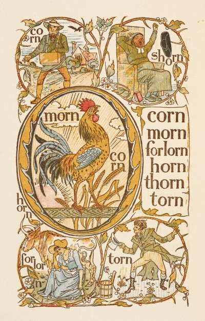 文字 N で終わる韻を踏む単語。文字 O の使用を説明するため。ゴールデン プライマー。 作： Walter Crane