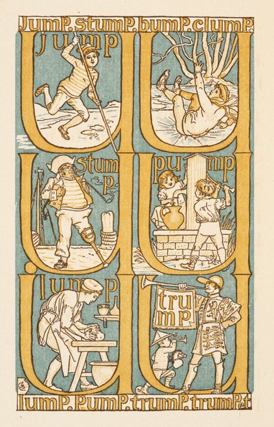 文字 P で終わる韻を踏む単語。文字 U の使用を説明するため。ゴールデン プライマー。 作： Walter Crane