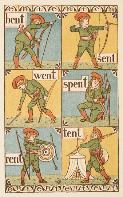 文字 T で終わる韻を踏む言葉。弓と矢を持った少年。 ゴールデンプライマー。 作： Walter Crane