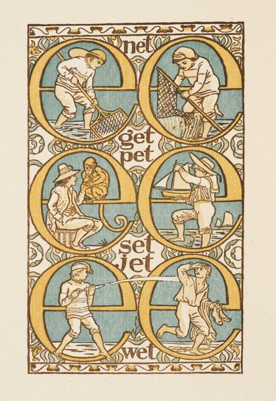 文字 E の使用を示す韻を踏む単語。ゴールデン プライマー。 作： Walter Crane