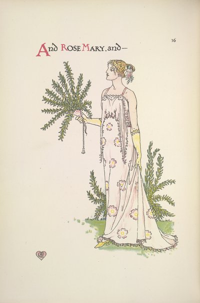 ローズマリー。 植物を保持している若い女性 作： Walter Crane