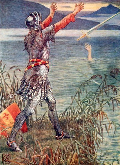 ベデベレ卿が剣エクスカリバーを湖に投げる 作： Walter Crane