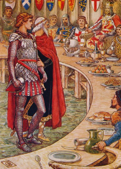 ガラハッド卿は1911年にアーサー王の宮廷に連れて行かれました。 作： Walter Crane