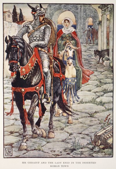 廃墟となったローマの町のジェライン卿とレディイーニッド、「円卓の騎士の物語」ヘンリーギルバート著、初版、1911年 作： Walter Crane