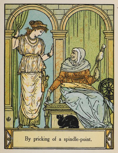 眠れる森の美女が糸車と糸を持った老婆の隣に立っています。 下には黒猫が座っています。 作： Walter Crane